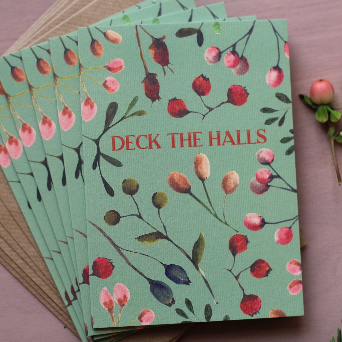Set of 6 Deck the Halls sage green botanical greetings cards